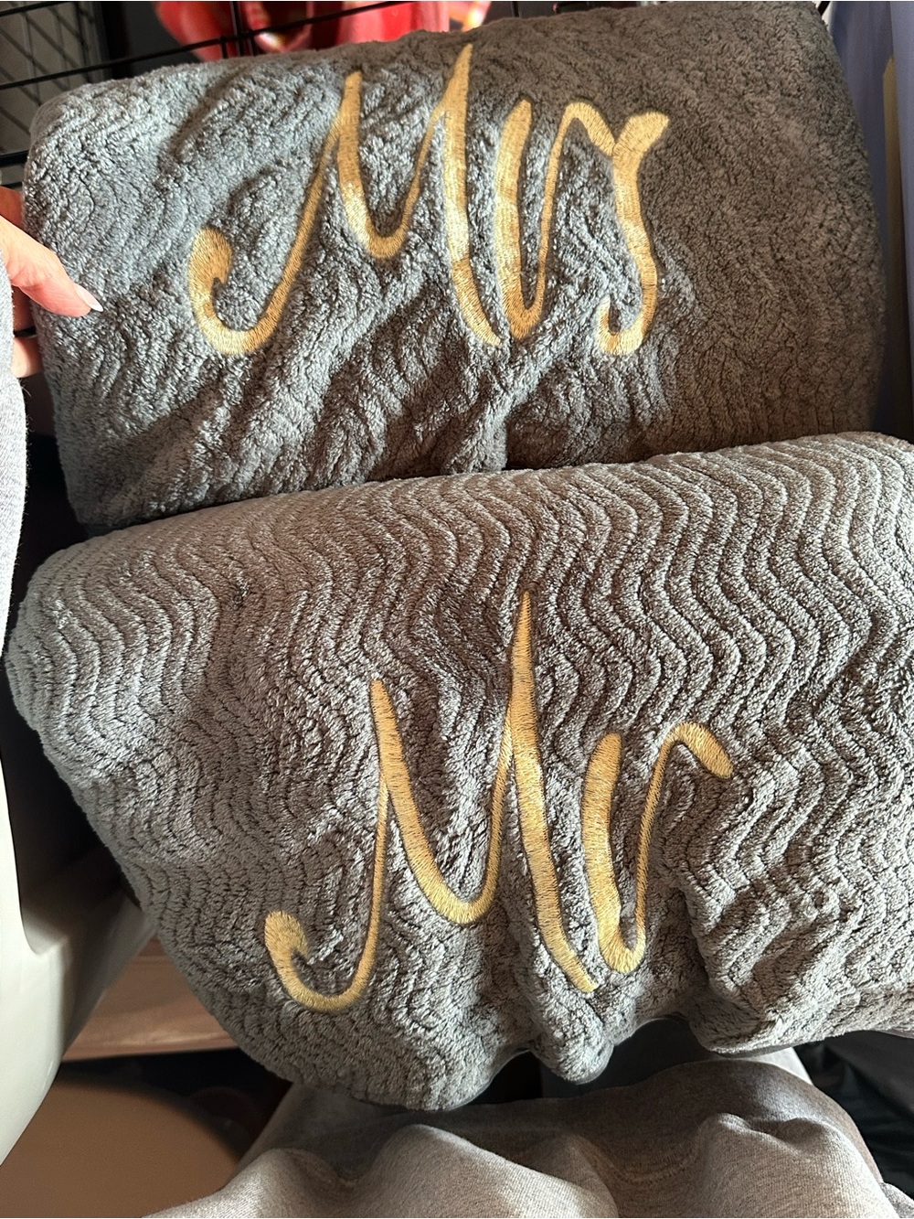 Embroidered Monogram 'Mrs' ‘Mr’ Gray Towel Set (6) with Gold Script
